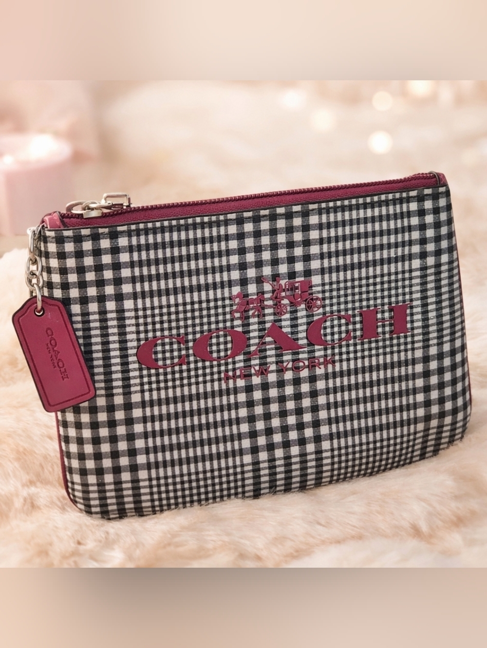Coach Gingham Mini Wristlet Pouch Black White w/ Pink Tag NWOT